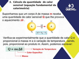 Suponhamos que um corpo A de massa m receba
uma quantidade de calor sensível Q que lhe provoca
o aquecimento  .
Verifica-se experimentalmente que a quantidade de calor Q é
proporcional à massa m e à variação de temperatura , sendo,
pois, proporcional ao produto m. Assim, podemos escrever:
Variação de Temperatura
Calor Específico
Massa
 