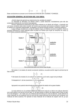 Profesor Claudio Naso 23
cte
T
p
= ⇒
2
2
1
1
T
p
T
p
=
Estas conclusiones se conocen con el nombre de LEYES DE GAY LOUSSAC Y CHARLES.
ECUACIÓN GENERAL DE ESTADO DEL GAS IDEAL
¿Existirá alguna ley general que relacione las tres variables de estado?
La respuesta es afirmativa, tal relación existe y puede deducirse. Consideremos para ello dos
evoluciones sucesivas de una misma masa gaseosa.
Primero calentaremos lentamente el gas ideal contenido en el cilindro de la figura y haciendo que
una fuerza constante actúe sobre el pistón de manera que la presión permanezca constante. El pistón que
se desliza con rozamiento despreciable, se desplaza y el volumen del gas aumenta. ( evolución isobárica )
Luego de llegar al estado (2), se deja de calentar el gas y el sistema se pone en equilibrio. Ahora se
aumenta lentamente la fuerza aplicada sobre el pistón de manera que el gas se comprima sin variar su
temperatura ( evolución isotérmica ).
Dos evoluciones para una misma masa de gas
Del estado (1) al estado (2) siendo la evolución isobárica, se puede escribir según la primera ley de
Gay Loussac:
T
V
T
V 1
0
0
= (1)
Y del estado (2) al estado (3), la evolución es isotérmica, por lo tanto, según la ley de Boyle:
p.V=p.V 01 (2)
Si despejamos V1 de las ecuaciones (1) y (2) e igualamos:
0
0
0 T
V.T
=
p
p.V
Agrupando nos queda la denominada ecuación general de estado de los gases ideales:
0
0.0
T
Vp
=
T
V.p
(3)
La masa atómica es una cantidad relativa que relaciona la masa de un átomo de cualquier elemento
con la del carbono a la que se le da el valor 12, de esta manera, el átomo de oxígeno pasa a tener el valor
16, el de hidrógeno 1, etc. Dado que una molécula esta formada por la unión de átomos, puede definirse la
masa molecular de una sustancia como la suma de las masas atómicas de los átomos que componen una
molécula de dicha sustancia. Por ejemplo la masa molecular de la molécula de oxígeno será 32, ya que
 