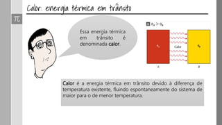 Essa energia térmica
em trânsito é
denominada calor.
Calor é a energia térmica em trânsito devido à diferença de
temperatura existente, fluindo espontaneamente do sistema de
maior para o de menor temperatura.
 