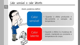 Assim, podemos definir:
• Quando o efeito produzido é
tão-somente a variação de
temperatura.
Calor
sensível
• Quando o efeito é a mudança de
estado, mantendo-se constante a
temperatura do corpo.
Calor
latente
 