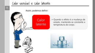 Assim, podemos definir:
• Quando o efeito é a mudança de
estado, mantendo-se constante a
temperatura do corpo.
Calor
latente
 