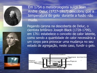 Em 1754 o meteorologista suiço Jean
Andre Deluc (1727-1817) descobriu que a
temperatura do gelo durante a fusão não
muda.
Pegando carona na descoberta de Deluc, o
cientista britânico Joseph Black (1728-1799),
em 1761 estabelece o conceito de calor latente,
como sendo a quantidade de calor necessária a
um corpo para provocar uma mudança no seu
estado de agregação, neste caso, fundir o gelo.
 