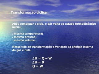 Transformação cíclica


Após completar o ciclo, o gás volta ao estado termodinâmico
inicial.

. mesma temperatura;
. mesma pressão;
. mesmo volume.

Nesse tipo de transformação a variação da energia interna
do gás é nula.


              ∆U = Q – W
              ∆U = 0
              Q=W
 