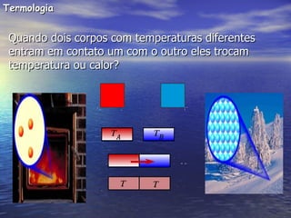 Termologia


 Quando dois corpos com temperaturas diferentes
 entram em contato um com o outro eles trocam
 temperatura ou calor?
 