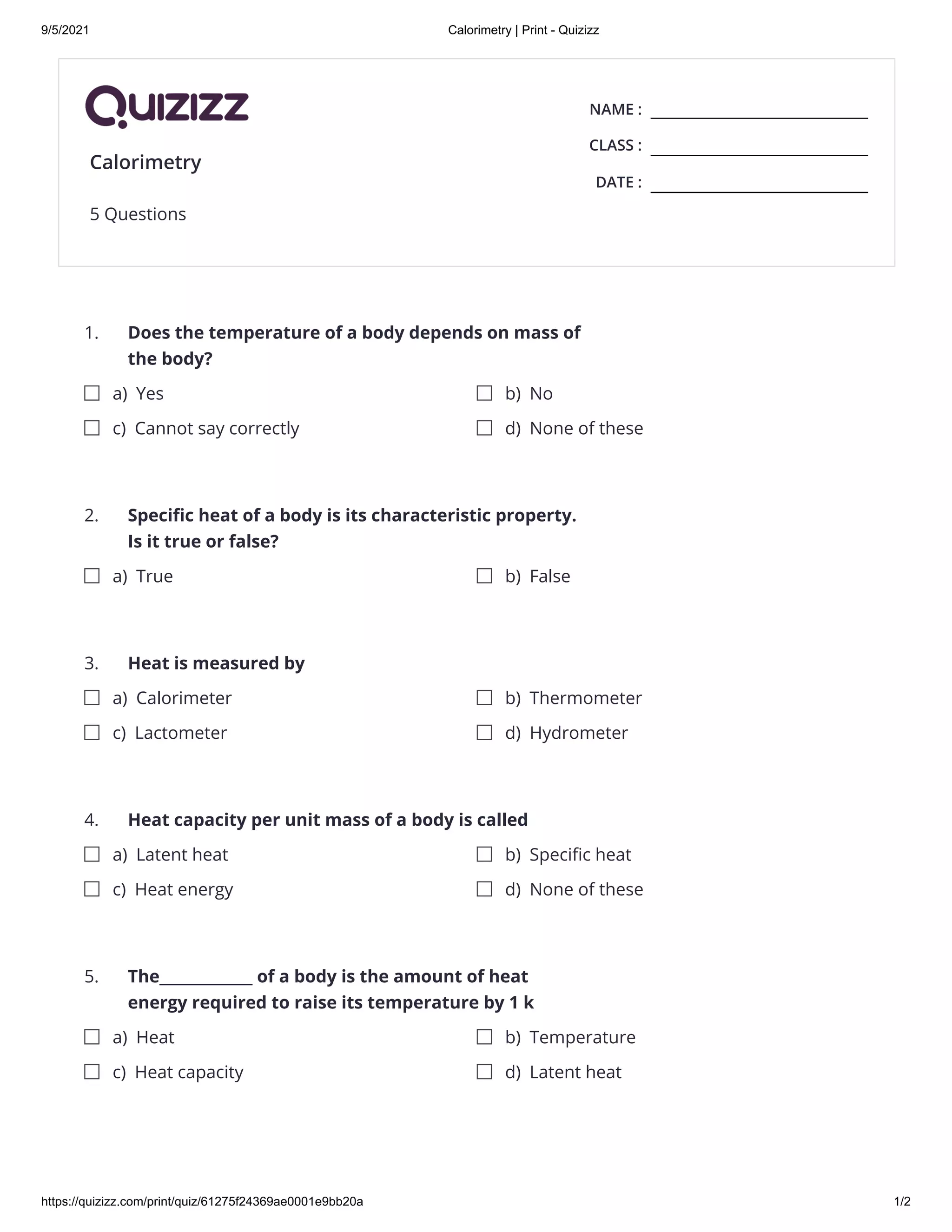 ICSE BOARD Chapter Calorimetry quizizz PDF