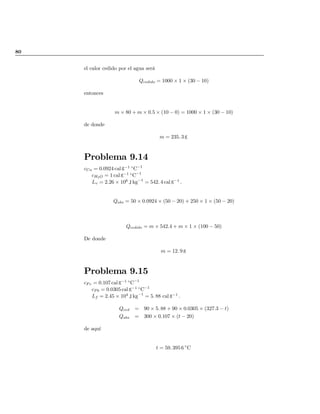 80
el calor cedido por el agua será
Qcedido = 1000 £ 1 £ (30 ¡ 10)
entonces
m £ 80 + m £ 0:5 £ (10 ¡ 0) = 1000 £ 1 £ (30 ¡ 10)
de donde
m = 235: 3 g
Problema 9.14
cCu = 0:0924 cal g¡1 ±
C¡1
cH2O = 1 cal g¡1 ±
C¡1
Lv = 2:26 £ 106
J kg¡1
= 542: 4 cal g¡1
:
Qabs = 50 £ 0:0924 £ (50 ¡ 20) + 250 £ 1 £ (50 ¡ 20)
Qcedido = m £ 542:4 + m £ 1 £ (100 ¡ 50)
De donde
m = 12: 9 g
Problema 9.15
cFe = 0:107 cal g¡1 ±
C¡1
cP b = 0:0305 cal g¡1 ±
C¡1
Lf = 2:45 £ 104
J kg¡1
= 5: 88 cal g¡1
:
Qced = 90 £ 5: 88 + 90 £ 0:0305 £ (327:3 ¡ t)
Qabs = 300 £ 0:107 £ (t ¡ 20)
de aquí
t = 59: 395 6 ±
C
volver
 