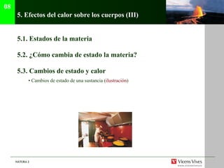 5.  Efectos del calor sobre los cuerpos (III) 5.1.  Estados de la materia 5.2.  ¿Cómo cambia de estado la materia? 5.3. Cambios de estado y calor •  Cambios de estado de una sustancia ( ilustraci ón ) 08 