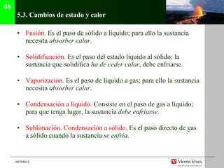 5.3.  Cambios de estado y calor Fusión.  Es el paso de sólido a líquido; para ello la sustancia necesita  absorber calor .  Solidificación.  Es el paso del estado líquido al sólido; la sustancia que solidifica  ha de ceder calor , debe enfriarse.  Vaporización.  Es el paso de líquido a gas; para ello la sustancia necesita  absorber calor .  Condensación a líquido.  Consiste en el paso de gas a líquido; para que tenga lugar, la sustancia  debe enfriarse . Sublimación. Condensación a sólido.  Es el paso directo de gas a sólido cuando la sustancia  se enfría . 08 