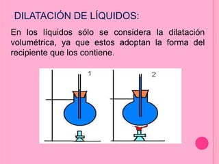 DILATACIÓN DE LÍQUIDOS:
En los líquidos sólo se considera la dilatación
volumétrica, ya que estos adoptan la forma del
recipiente que los contiene.
 