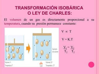 TRANSFORMACIÓN ISOBÁRICA
O LEY DE CHARLES:
El volumen de un gas es directamente proporcional a su
temperatura, cuando su presión permanece constante:
V T
V = K.T
V1 = .V2
T2 T2
 