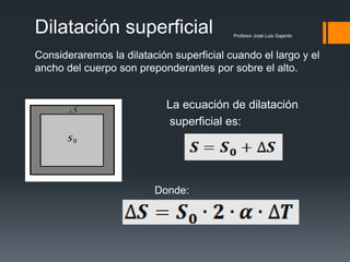Profesor José Luis Gajardo
Dilatación superficial
La ecuación de dilatación
superficial es:
Consideraremos la dilatación superficial cuando el largo y el
ancho del cuerpo son preponderantes por sobre el alto.
Donde:
 