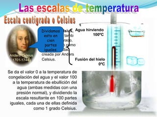 Se da el valor 0 a la temperatura de
congelación del agua y el valor 100
a la temperatura de ebullición del
agua (ambas medidas con una
presión normal), y dividiendo la
escala resultante en 100 partes
iguales, cada una de ellas definida
como 1 grado Celsius.
El grado Celsius,
denominado también
grado centígrado,
representado como
°C, es la unidad
creada por Anders
Celsius.
Anders Celsius
1701-1744
Agua hirviendo
100ºC
Fusión del hielo
0ºC
Dividamos
esto en
cien
partes
iguales.
 