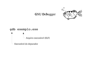 #include <stdio.h> int main(int argc, char *argv[]) { printf(“Olá Mundo!\n”); return 0; } $ gcc  -Wall   -ggdb  exemplo.c -o exemplo.exe  $ ./exemplo.exe  Olá Mundo! Compilar o programa: E executar o código: 