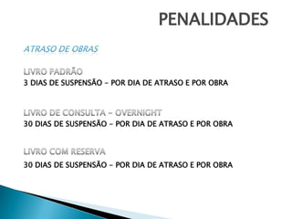 PENALIDADESATRASO DE OBRASLIVRO PADRÃO3 DIAS DE SUSPENSÃO - POR DIA DE ATRASO E POR OBRALIVRO DE CONSULTA - OVERNIGHT30 DIAS DE SUSPENSÃO - POR DIA DE ATRASO E POR OBRALIVRO COM RESERVA30 DIAS DE SUSPENSÃO - POR DIA DE ATRASO E POR OBRA