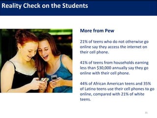 Reality Check on the Students


                          More from Pew

                          21% of teens who do not otherwise go
                          online say they access the internet on
                          their cell phone.

                          41% of teens from households earning
                          less than $30,000 annually say they go
                          online with their cell phone.

                          44% of African American teens and 35%
                          of Latino teens use their cell phones to go
                          online, compared with 21% of white
                          teens.

                                                               35
 