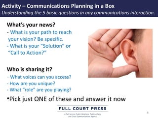Activity – Communications Planning in a Box
Understanding the 5 basic questions in any communications interaction.

  What’s your news?
  - What is your path to reach
   your vision? Be specific.
  - What is your “Solution” or
   “Call to Action?”

  Who is sharing it?
  - What voices can you access?
  - How are you unique?
  - What “role” are you playing?
  •Pick just ONE of these and answer it now
                                                                  8
 