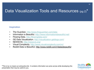 24
Data Visualization Tools and Resources (pg 2)*
*This is by no means an exhaustive list. It contains information we came across while developing this
presentation that may be useful to you.
Inspiration
•  The Guardian. http://www.theguardian.com/data
•  Information is Beautiful. http://www.informationisbeautiful.net/
•  Flowing Data. http://flowingdata.com/
•  GE Data Visualization. http://visualization.geblogs.com/
•  NEWSVIS. http://newsvis.org/
•  Visual Complexity. http://www.visualcomplexity.com/vc/
•  Reddit Data is Beautiful. http://www.reddit.com/r/dataisbeautiful
 