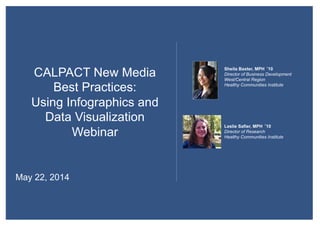 CALPACT New Media
Best Practices:
Using Infographics and
Data Visualization
Webinar
May 22, 2014
Sheila Baxter, MPH ‘10
Director of Business Development
West/Central Region
Healthy Communities Institute
Leslie Safier, MPH ‘10
Director of Research
Healthy Communities Institute
 