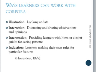 WAYS LEARNERS CAN WORK WITH
CORPORA
 Illustration: Looking at data
 Interaction: Discussing and sharing observations
and opinions
 Intervention: Providing learners with hints or clearer
guides for seeing patterns
 Induction: Learners making their own rules for
particular features
(Flowerdew, 1999)
CLAandCALPERatPennState
 