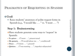 PRAGMATICS OF REQUESTING IN SPANISH
 Goal:
 Raise students’ awareness of polite request forms in
Spanish (e.g., “I would like . . . “ vs. “I want . . . “)
Step 1: Brainstorming
Have students generate some ways to ‘request’ in
Spanish:
 Yo quiero . . . (“I want . . .’, present tense)
 Me gustaría . . . (“It would please me . . . “, conditional)
 Deseo . . . (“I desire . . . “, present)
 Quisiera . . . (“I was wanting . . . “, imperfect subjunctive)
CLAandCALPERatPennState
 