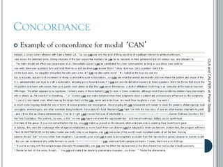 CONCORDANCE
 Example of concordance for modal ‘CAN’
CLAandCALPERatPennState
 