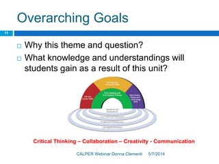Overarching Goals
5/7/2014CALPER Webinar Donna Clementi
11
 Why this theme and question?
 What knowledge and understandings will
students gain as a result of this unit?
Critical Thinking – Collaboration – Creativity - Communication
 