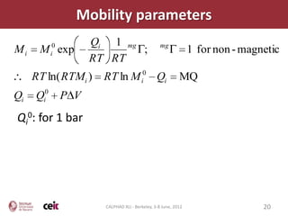 Mobility parameters
            0         Qi 1 mg                      mg
Mi    M expi                  ;                                  1 for non - magnetic
                      RT RT
     RT ln( RTMi )      RT ln M i0 Qi                       MQ
Qi   Qi0        P V
Qi0: for 1 bar




                        CALPHAD XLI - Berkeley, 3-8 June, 2012                   20
 