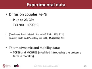 Experimental data
• Diffusion couples Fe-Ni
    – P up to 23 GPa
    – T=1280 – 1700 °C

• [Goldstein, Trans. Metall. Soc. AIME, 233 (1965) 812]
• [Yunker, Earth and Planetary Sci. Lett., 254 (2007) 203]


• Thermodynamic and mobility data:
    – TCFE6 and MOBFE1 (modified introducing the pressure
      term in mobility)


                           CALPHAD XLI - Berkeley, 3-8 June, 2012   25
 