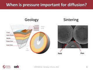 When is pressure important for diffusion?


         Geology                                       Sintering




              CALPHAD XLI - Berkeley, 3-8 June, 2012               4
 