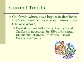 Current Trends California wines have begun to dominate the “premium” wines market (wines price $15 and above) Considered an “affordable luxury”, and California accounts for 85% of the total US market of premium wines. (David Colker, LA Times) 