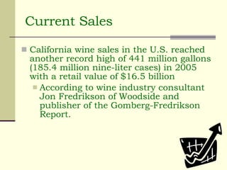 Current Sales California wine sales in the U.S. reached another record high of 441 million gallons (185.4 million nine-liter cases) in 2005 with a retail value of $16.5 billion According to wine industry consultant Jon Fredrikson of Woodside and publisher of the Gomberg-Fredrikson Report.  