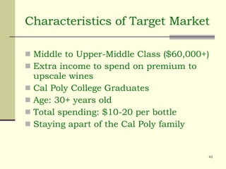 Characteristics of Target Market Middle to Upper-Middle Class ($60,000+) Extra income to spend on premium to upscale wines Cal Poly College Graduates Age: 30+ years old Total spending: $10-20 per bottle Staying apart of the Cal Poly family 