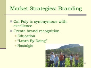 Market Strategies: Branding Cal Poly is synonymous with excellence Create brand recognition Education “ Learn By Doing” Nostalgic 