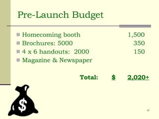 Pre-Launch Budget Homecoming booth 1,500 Brochures: 5000   350 4 x 6 handouts:  2000   150 Magazine & Newspaper  Total:  $ 2,020+ 