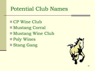 Potential Club Names CP Wine Club Mustang Corral  Mustang Wine Club Poly Wines  Stang Gang 