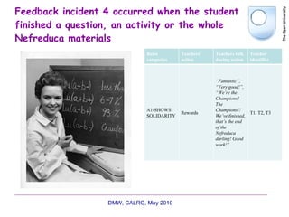 Feedback incident 4 occurred when the student finished a question, an activity or the whole Nefreduca materials DMW, CALRG, May 2010  Bales categories Teachers’ action Teachers talk during action Teacher identifier A1-SHOWS SOLIDARITY Rewards “ Fantastic”, “Very good!”, “We’re the Champions! The Champions!! We’ve finished, that’s the end of the Nefreduca darling! Good work!”  T1, T2, T3 