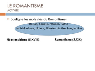 LE ROMANTISME ACTIVITE Souligne les mots clés du Romantisme: Raison, Société, Normes, Patrie Individualisme, Nature, Liberté créative, Imagination Néoclassicisme (S.XVIII)  Romantisme (S.XIX) 