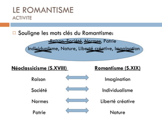 LE ROMANTISME ACTIVITE Souligne les mots clés du Romantisme: Raison, Société, Normes, Patrie Individualisme, Nature, Liberté créative, Imagination Romantisme (S.XIX) Imagination Individualisme Liberté créative Nature Néoclassicisme (S.XVIII)  Raison  Société  Normes Patrie  