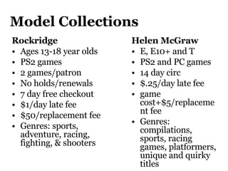 Model Collections Rockridge Ages 13-18 year olds PS2 games  2 games/patron  No holds/renewals  7 day free checkout $1/day late fee $50/replacement fee Genres: sports, adventure, racing, fighting, & shooters Helen McGraw E, E10+ and T PS2 and PC games 14 day circ $.25/day late fee  game cost+$5/replacement fee Genres: compilations, sports, racing games, platformers, unique and quirky titles 