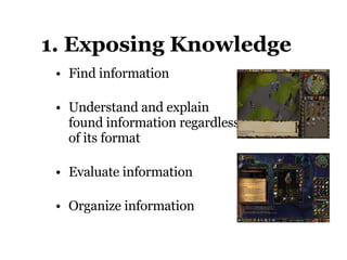 1. Exposing Knowledge Find information Understand and explain found information regardless of its format  Evaluate information  Organize information 