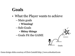 Goals What the Player wants to achieve Main goals Winning! Sub-Goals Shiny things Goals Fit the GAME Game design slides courtesy of Chris Castaldi http://www.echoshard.com 