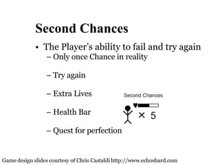 Second Chances The Player’s ability to fail and try again Only once Chance in reality Try again Extra Lives Health Bar Quest for perfection Game design slides courtesy of Chris Castaldi http://www.echoshard.com 
