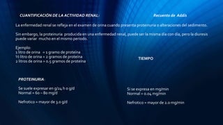 CUANTIFICACIÓN DE LA ACTIVIDAD RENAL: Recuento de Addis
La enfermedad renal se refleja en el examen de orina cuando presenta proteinuria o alteraciones del sedimento.
Sin embargo, la proteinuria producida en una enfermedad renal, puede ser la misma día con día, pero la diuresis
puede variar mucho en el mismo periodo.
Ejemplo:
1 litro de orina = 1 gramo de proteína
½ litro de orina = 2 gramos de proteína
2 litros de orina = 0.5 gramos de proteína
TIEMPO
PROTEINURIA:
Se suele expresar en g/24 h o g/d
Normal = 60 – 80 mg/d
Nefrotico = mayor de 3.0 g/d
Si se expresa en mg/min
Normal = 0.04 mg/min
Nefrotico = mayor de 2.0 mg/min
 