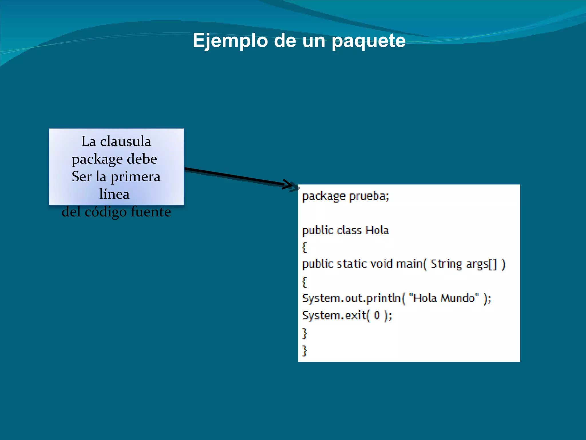 Ejemplo de un paquete La clausula package debe  Ser la primera línea  del código fuente 