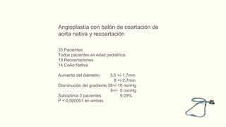 Angioplastía con balón de coartación de
aorta nativa y recoartación
33 Pacientes
Todos pacientes en edad pediátrica.
19 Recoartaciones
14 CoAo Nativa
Aumento del diámetro 3,5 +/-1,7mm
8 +/-2,7mm
Disminución del gradiente 28+/-10 mmHg
9+/- 5 mmHg
Suboptima 3 pacientes 9,09%
P < 0,000001 en ambas.
 