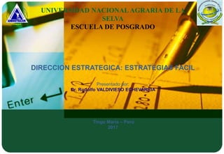 UNIVERSIDAD NACIONAL AGRARIA DE LA
SELVA
ESCUELA DE POSGRADO
DIRECCION ESTRATEGICA: ESTRATEGIAS FACIL
Presentado por:
Dr. Rodolfo VALDIVIESO ECHEVARRIA
Tingo María – Perú
2017
 