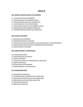 INDICE
1RA UNIDAD CLASIFICACIONDE LOS NUMEROS
1.1 CLASIFICACION DELOSNUMEROS
1.2 PROPIEDADESDE LOS NUMEROS REALES
1.3 DESIGUALDADES LINEALESY CUADRATICAS
1.4 VALORABSOLUTO Y SUS PROPIEDADES
1.5 DEFINICION YORIGEN DE LOS NUMEROS REALES
1.6 OPERACIONESCON NUMEROS COMPLEJOS
1.7 REPRESENTACION POLARDE LOS COMPLEJOS
2DA UNIDAD FUNCIONES
2.1 DEFINICION DEFUNCIONES
2.2 REPRESENTACION DEFUNCIONES
2.3 CLASIFICACION DELASFUNCIONES:PORSU NATURALEZA Y SUS PROPIEDADES
2.4 OPERACIONESCON FUNCIONESYCOMPOSICION DEFUNCIONES
2.5 TRASLACION DEFUNCIONES
3RA UNIDAD LÍMITES Y CONTINUIDAD
3.1 DEFINICION DELÍMITE
3.2 PROPIEDADESDE LOS LÍMITES
3.3 LIMITES LATERALES
3.4 ASINTOTAS(VERTICLES,HORIZONTALESUOBLICUAS)
3.5 LIMITES ESPECIALES
3.6 DEFINICION DECONTINUIDAD
3.7 PROPIEDADESDE LA CONTINUIDAD
4TA UNIDAD DERIVADAS
4.1 DEFINICION DEDERIVADA
4.2 INTERPRETACION GEOMETRICA DE LA DERIVADA
4.3 DERIVADASPORDEFINICION YPOR FORMULARIO
4.4 DERIVADASDE LASFUNCIONESIMPLICITAS
4.5 DERIVADAS SUCESIVAS
4.6 DERIVADASPARCIALES
 