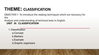 THEME: CLASSIFICATION
OBJECTIVE:1- To introduce the reading techniques which are necessary for
the
Analysis and understanding of technical texts in English.
UNIT III: CLASSIFICATION
1.Classification
a.Concept
b.Markers
c.Example
d.Graphic organizers
 