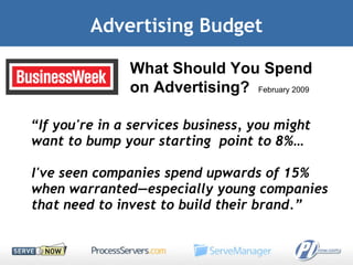 Advertising Budget “ If you're in a services business, you might want to bump your starting  point to 8%… I've seen companies spend upwards of 15% when warranted—especially young companies that need to invest to build their brand.” What Should You Spend on Advertising?  February 2009 