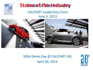 State of the Industry
500e Demo Day @ CALSTART HQ
April 30, 2013
CALSTART Leadership Circle
June 5, 2013
States of the Industry
 